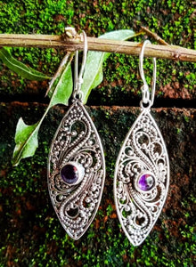 NYER059AM Bali Eye Shape Earrings in Silver with Amethyst gemstones.